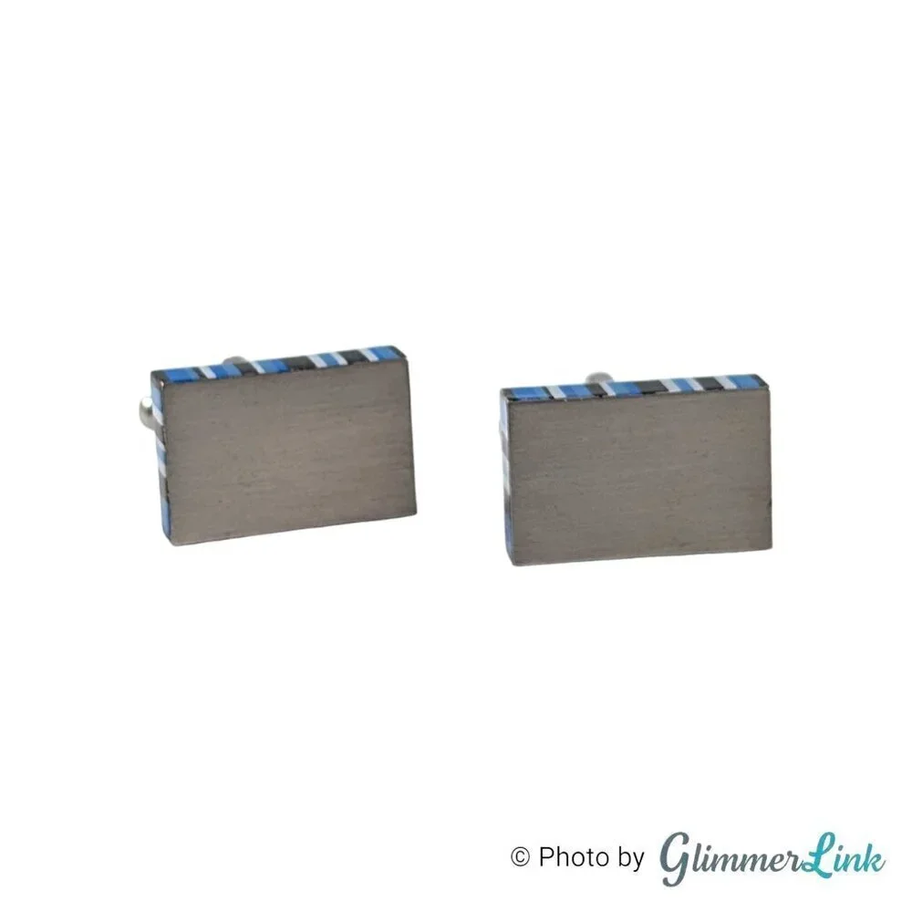 Rectangle Blue Black Stripe Rim Silver Tone Cufflinks